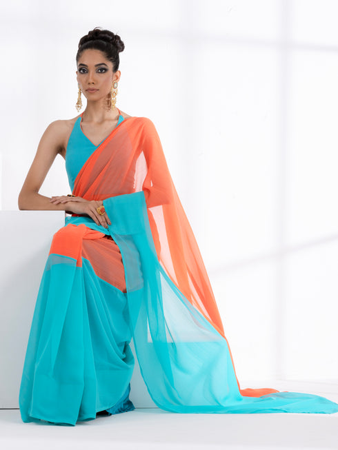 Blaze Orange and Aqua Fusion Textured Chiffon Saree with Self-Blouse Fabric