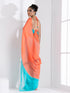 Blaze Orange and Aqua Fusion Textured Chiffon Saree with Self-Blouse Fabric
