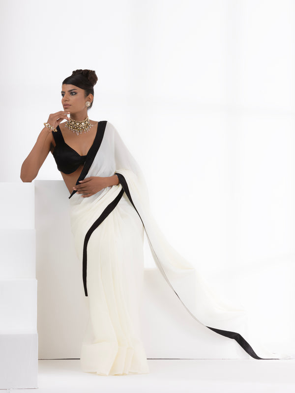 Magnolia Cream Satin Saree with Black Posh Border & Blouse Fabric