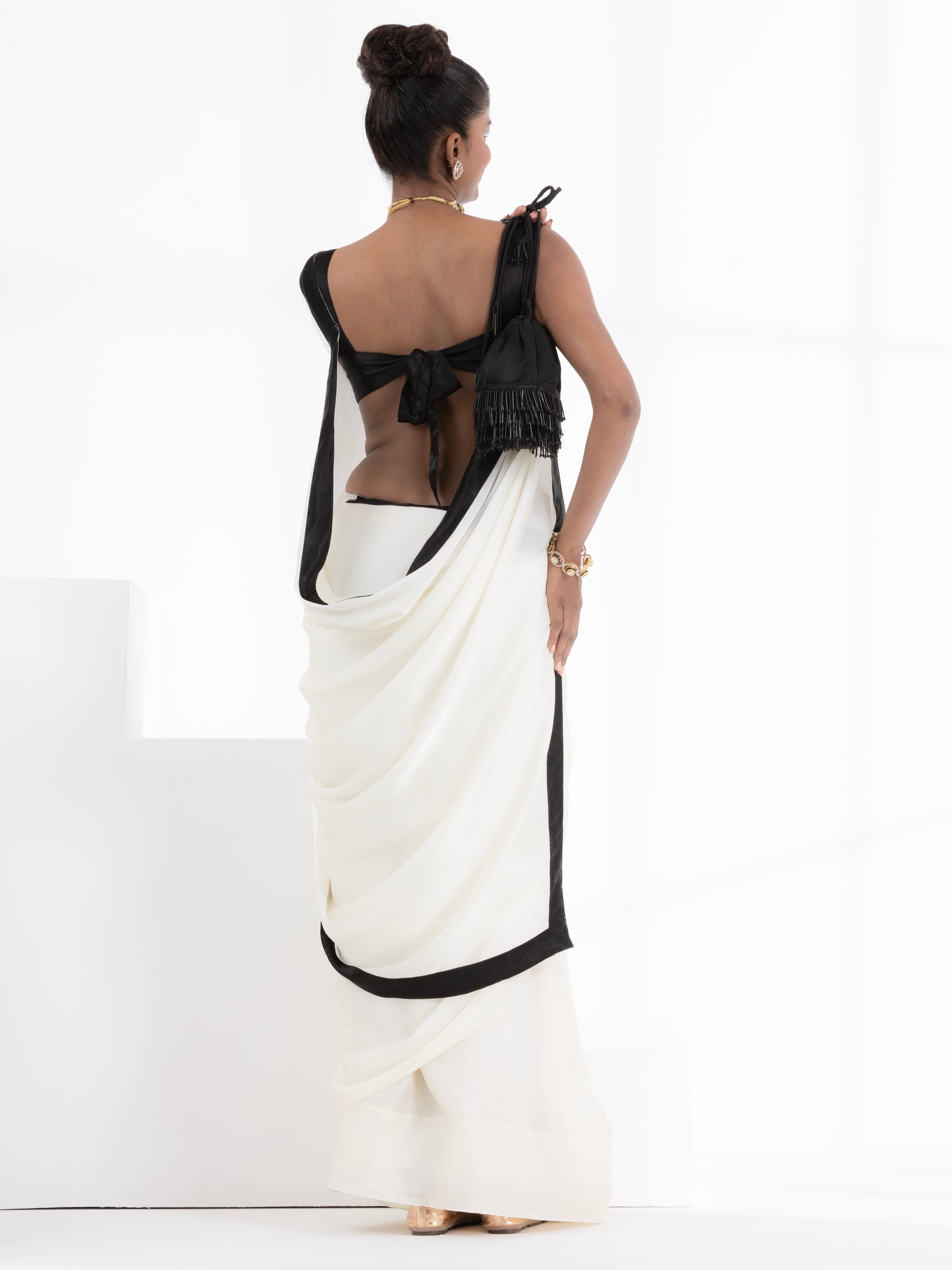 Magnolia Cream Satin Saree with Black Posh Border & Blouse Fabric
