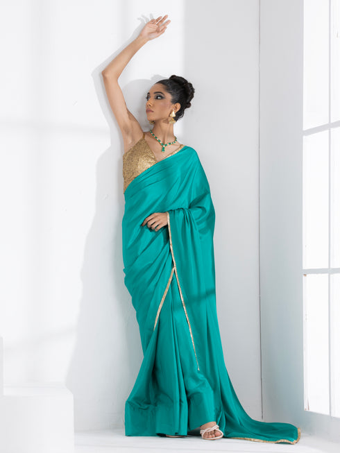 Turquoise Satin Saree with Lace