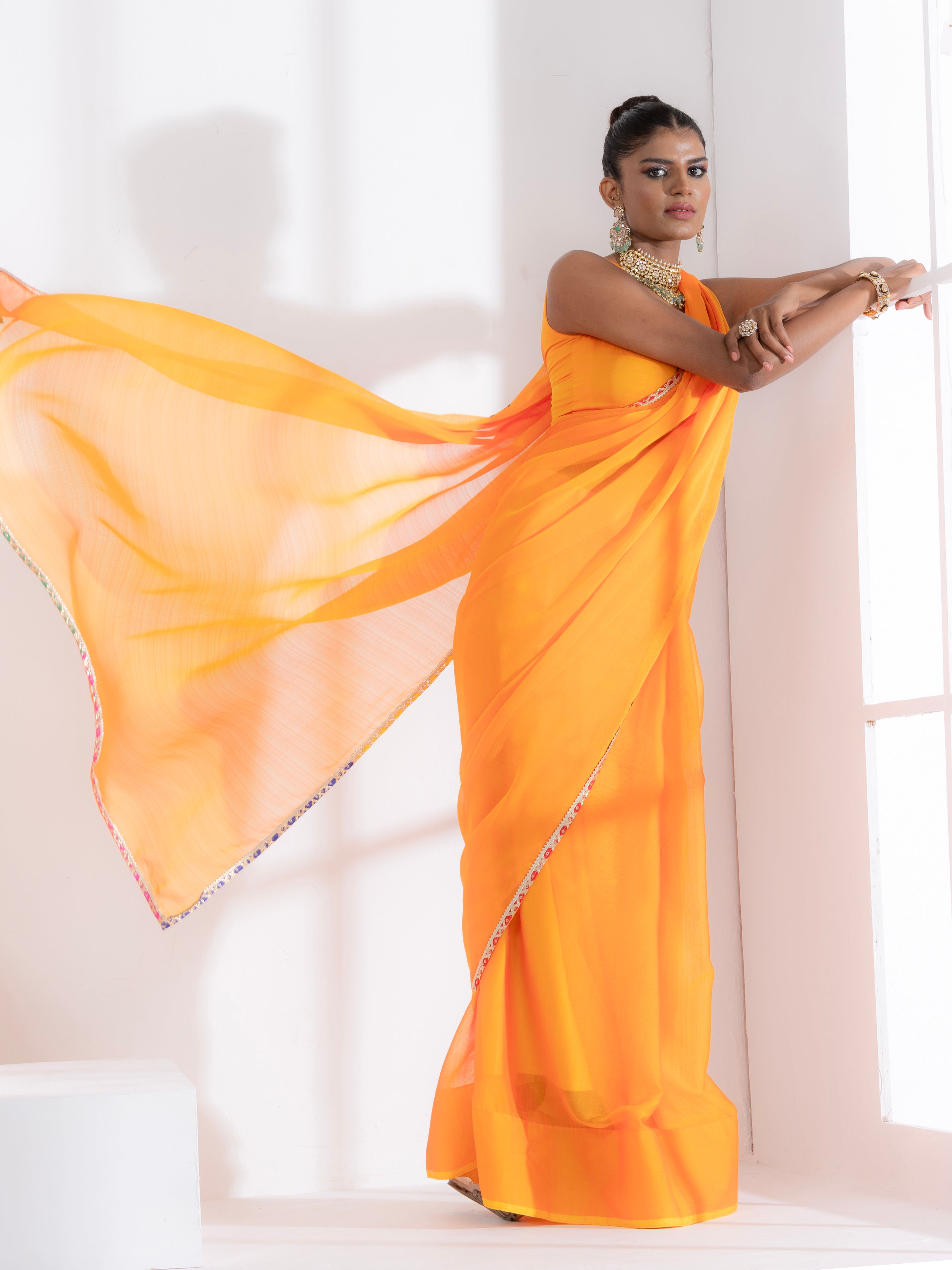 Lady Danger Orange Yellow Dual Shade Chiffon Saree with Lace and Self-Blouse Fabric
