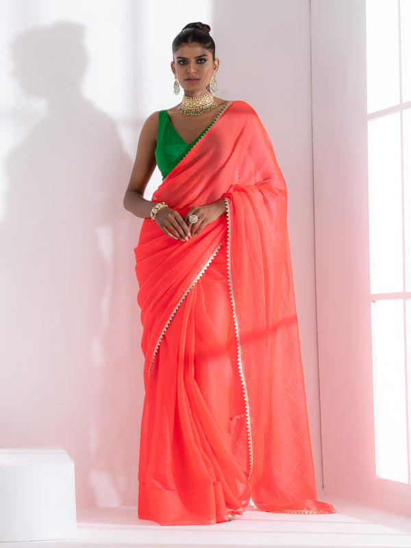 Watermelon Pink Chiffon Saree with Lace and Green Posh Blouse Fabric