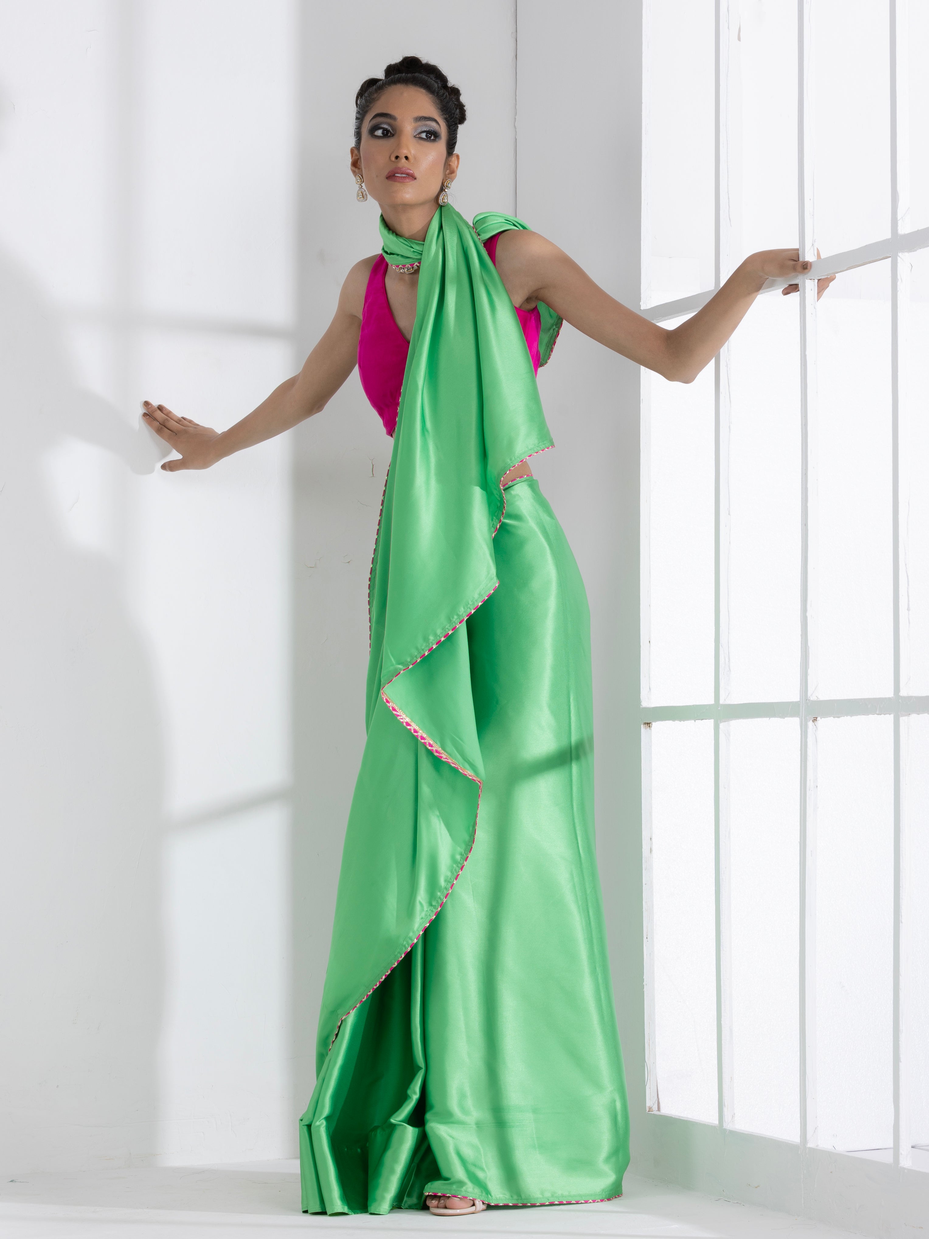Parrot Green Satin Saree with Gota Edge Lace & Pink Posh Blouse Fabric