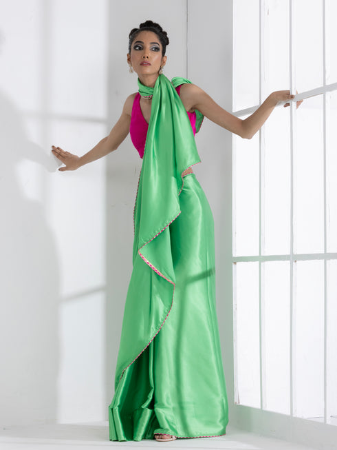 Parrot Green Satin Saree with Gota Edge Lace & Pink Posh Blouse Fabric
