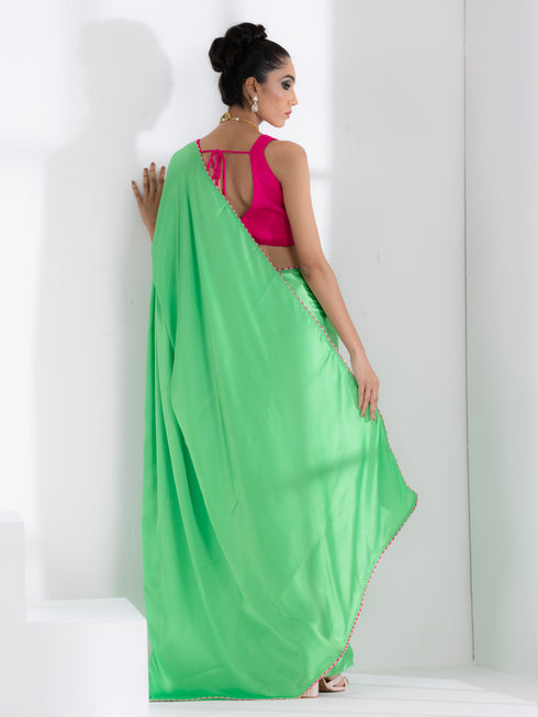 Parrot Green Satin Saree with Gota Edge Lace & Pink Posh Blouse Fabric