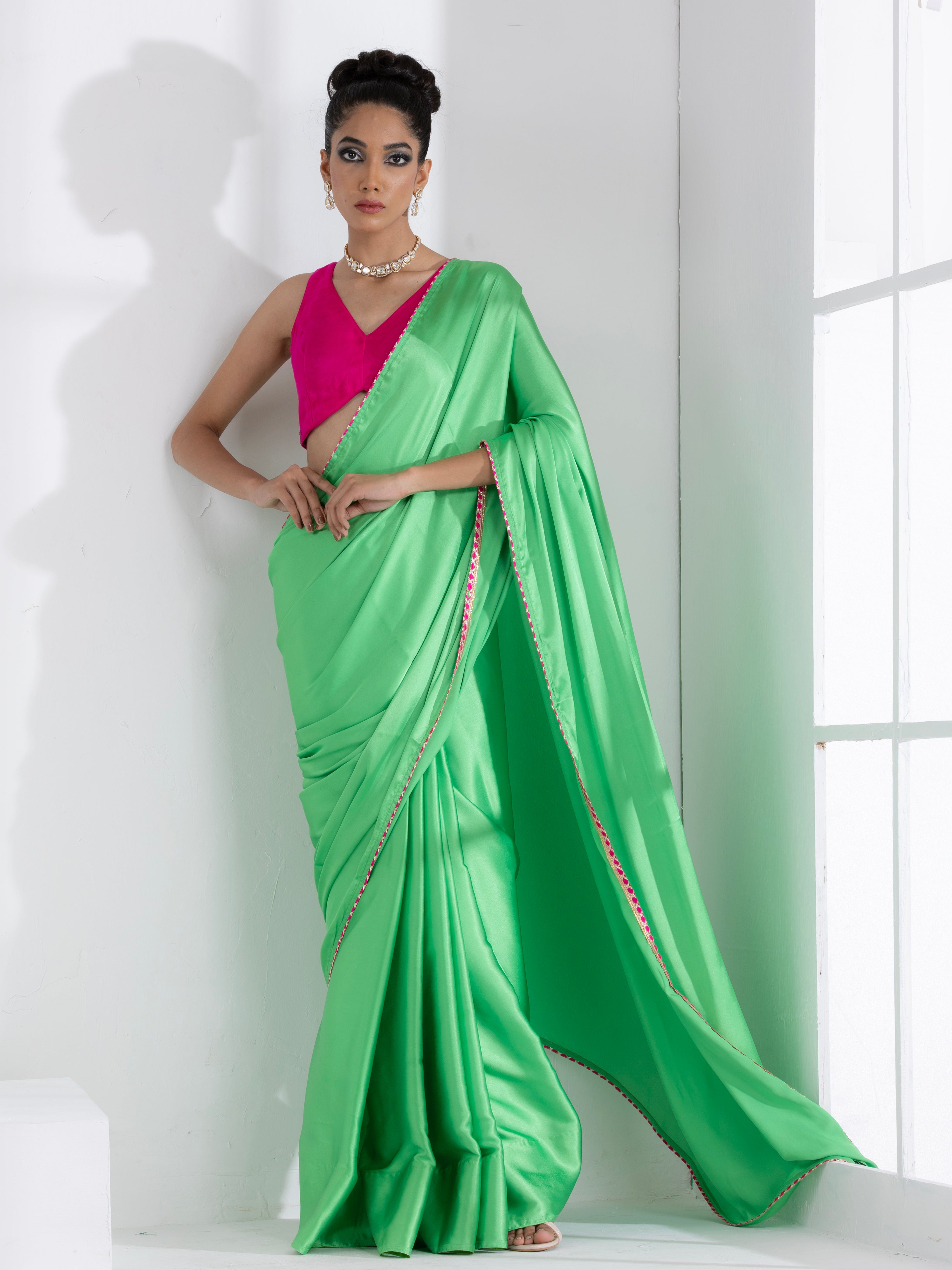 Parrot Green Satin Saree with Gota Edge Lace & Pink Posh Blouse Fabric