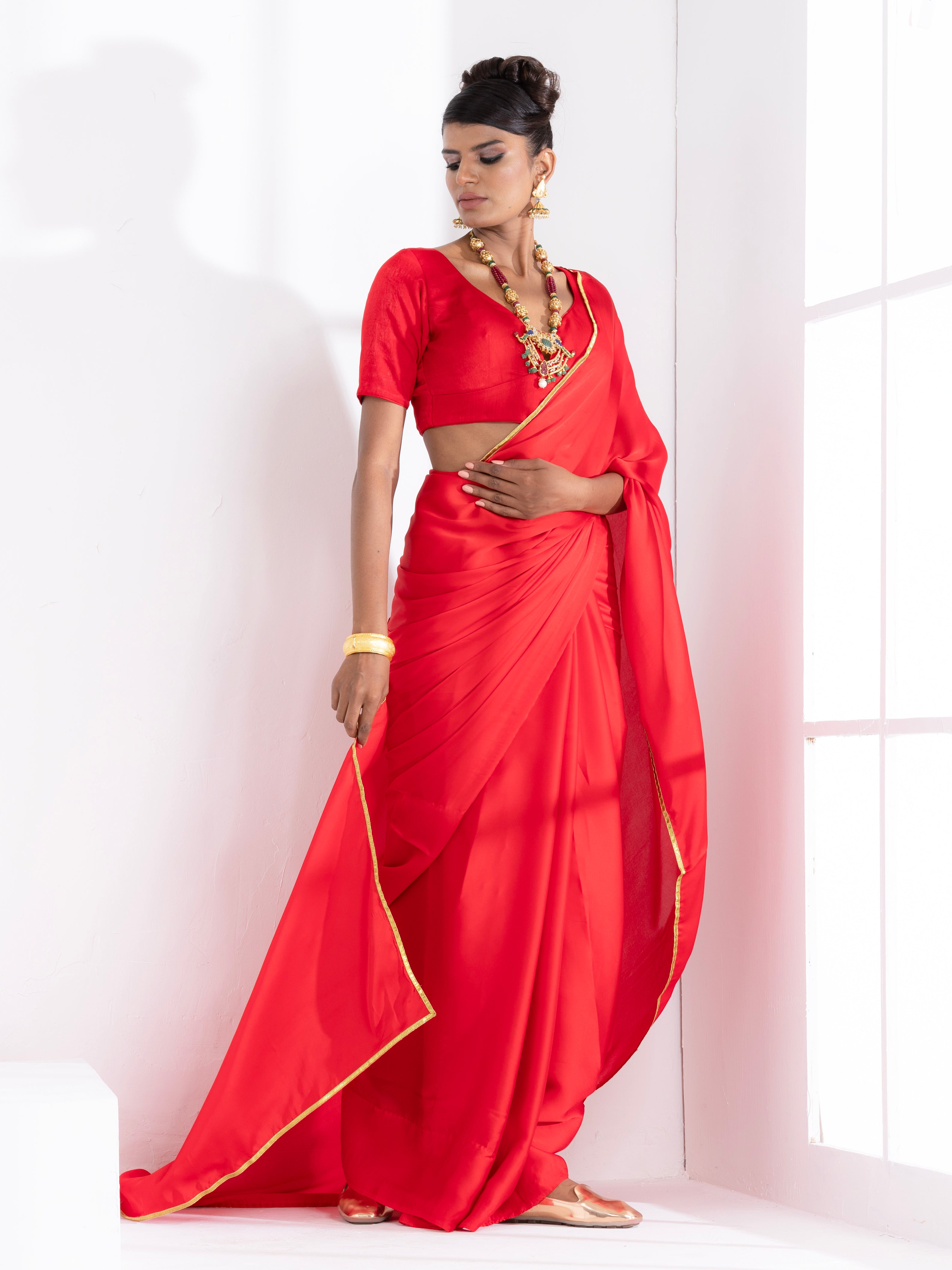 Red Satin Saree with Lace and Red  Blouse Fabric