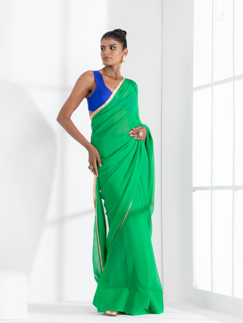 Irish Green Georgette Saree with Lace and Blue Posh Blouse Fabric