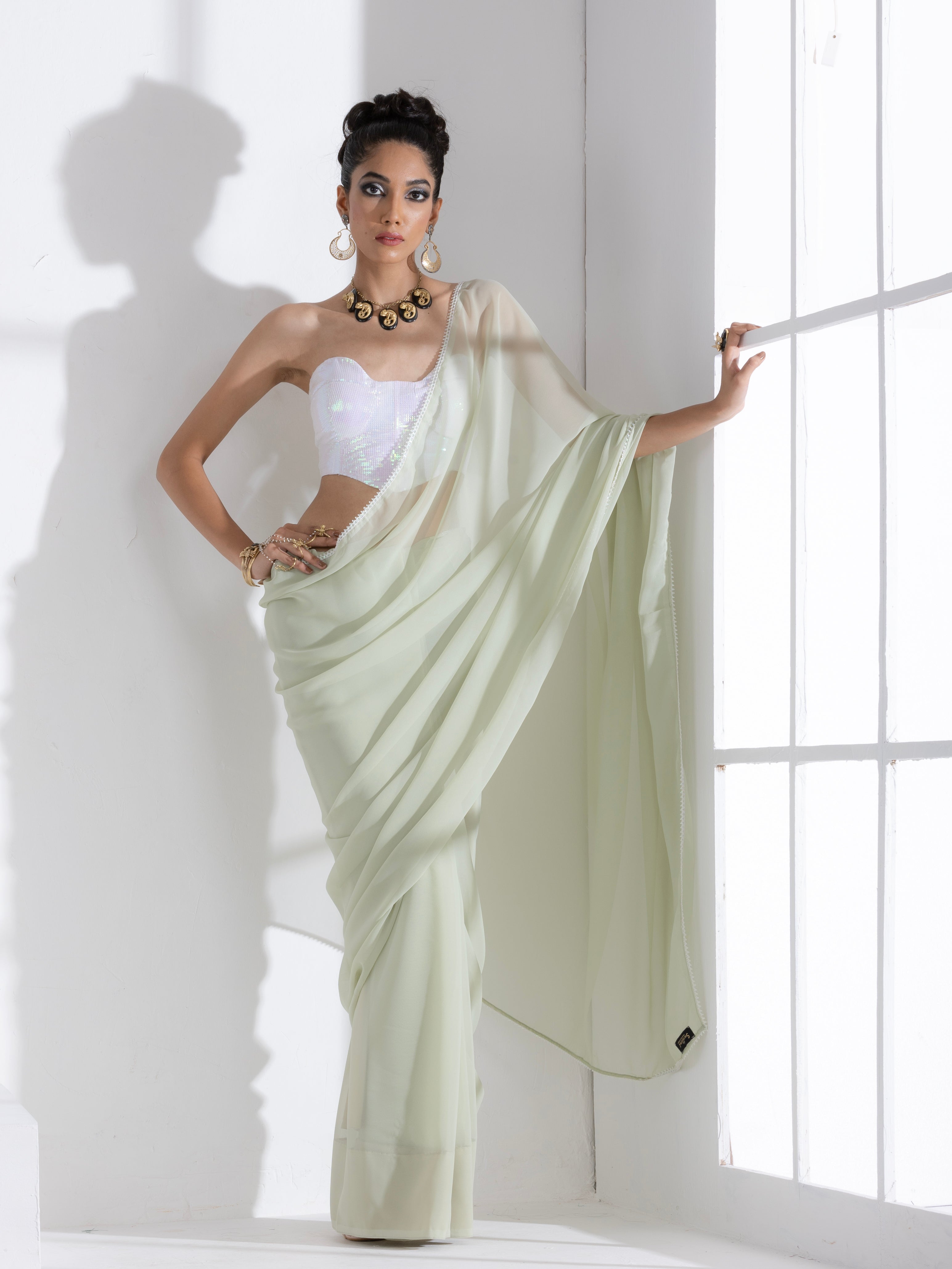Macha Georgette Saree with Lace and Iridescent Sequin Blouse Fabric