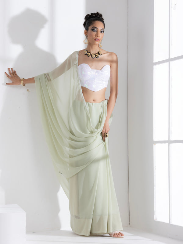 Macha Georgette Saree with Lace and Irridecent Sequin Blouse Fabric