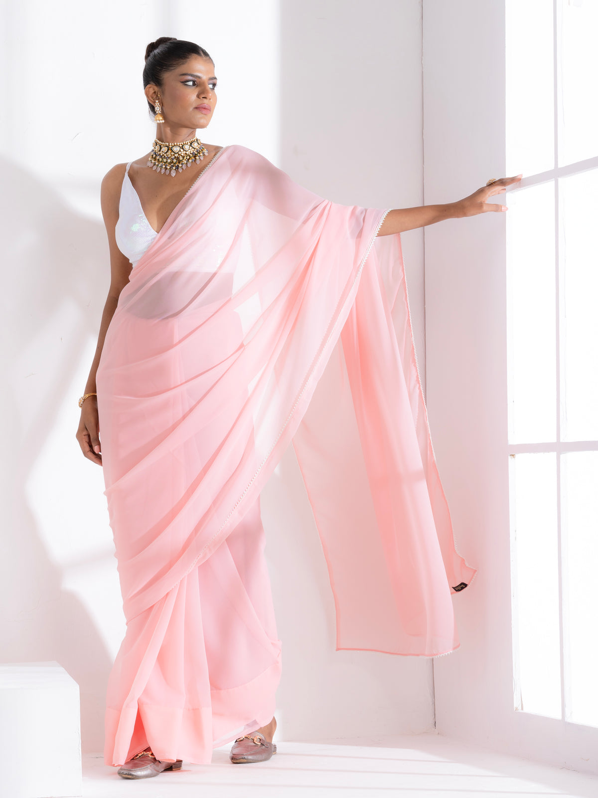 Pink salmon georgette saree with lace and iridescent sequin blouse fabric — view 6