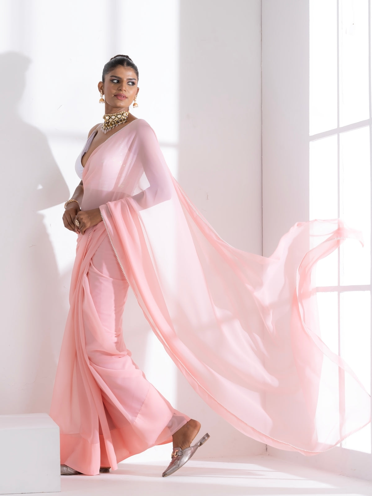 Pink salmon georgette saree with lace and iridescent sequin blouse fabric — view 4