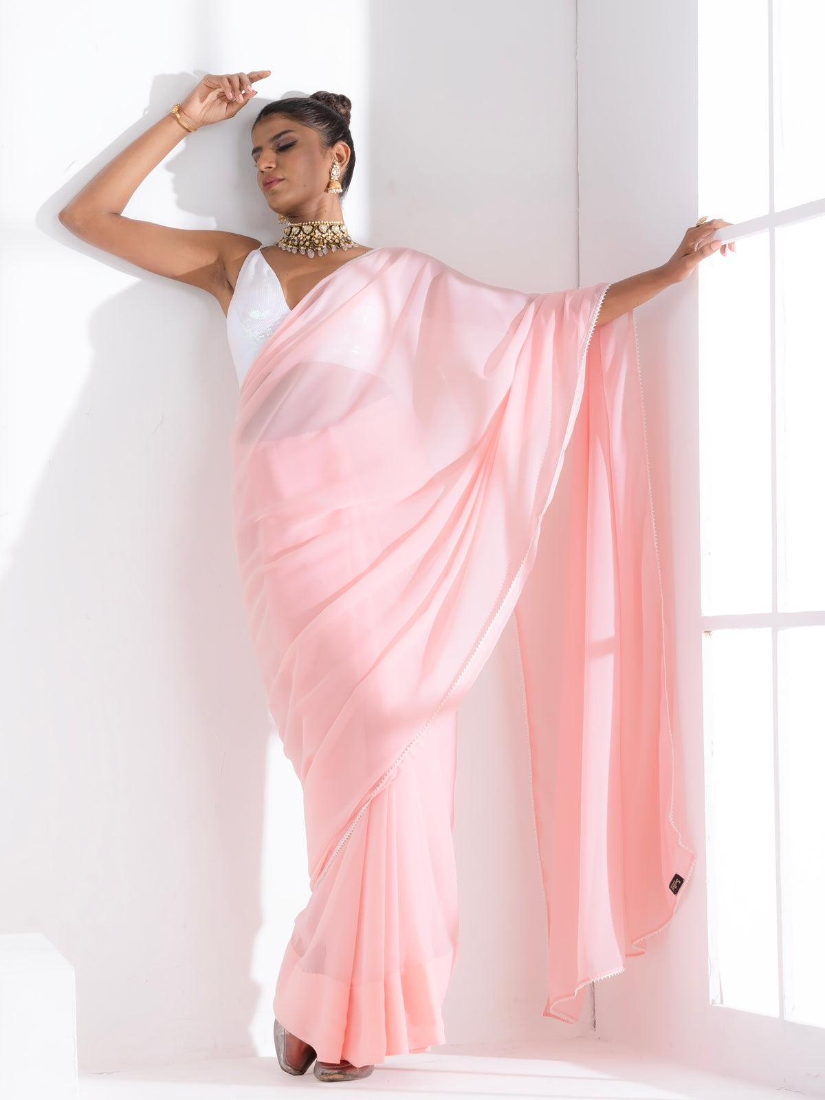Pink salmon georgette saree with lace and iridescent sequin blouse fabric — view 8