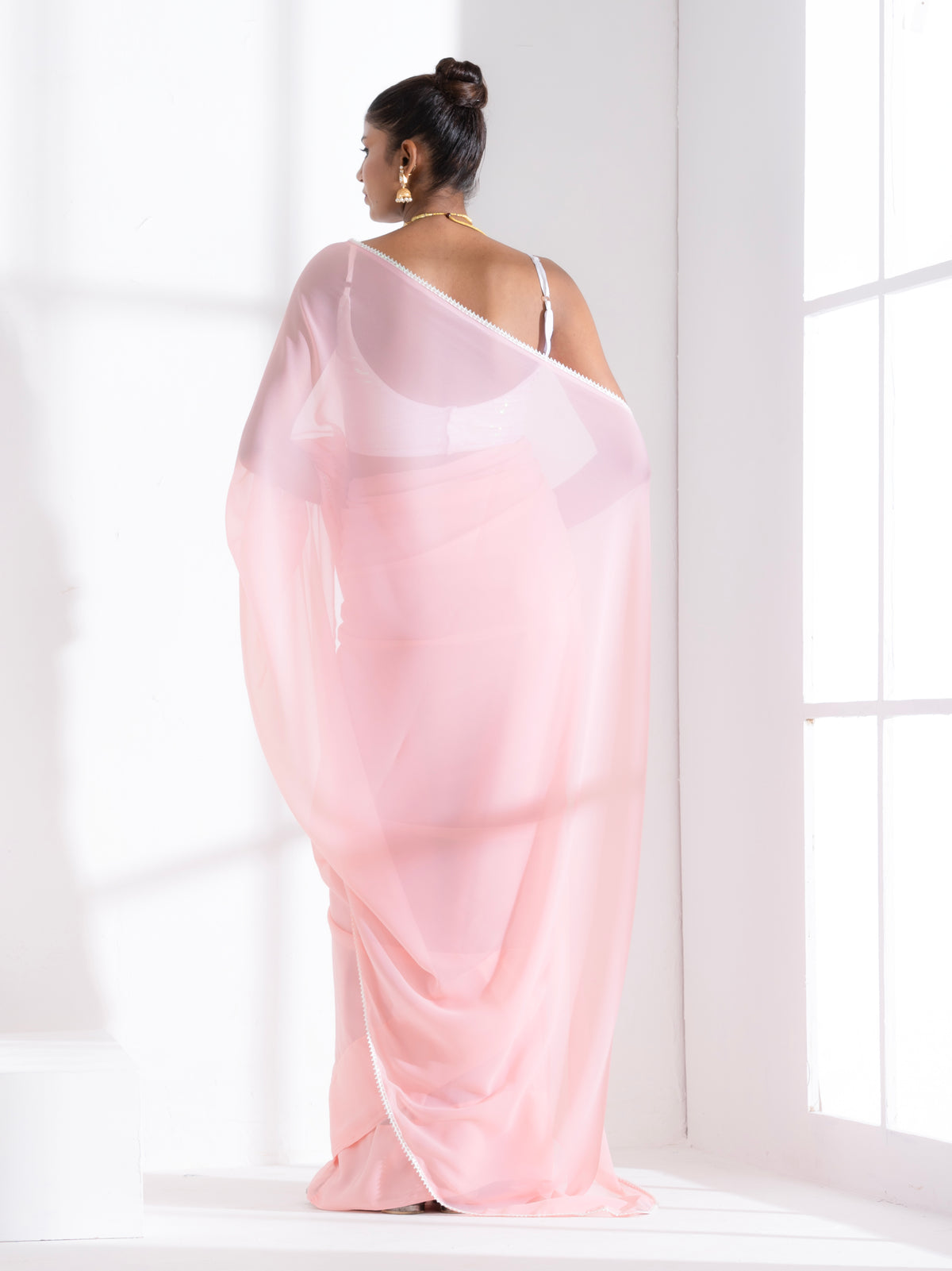 Pink salmon georgette saree with lace and iridescent sequin blouse fabric — view 5