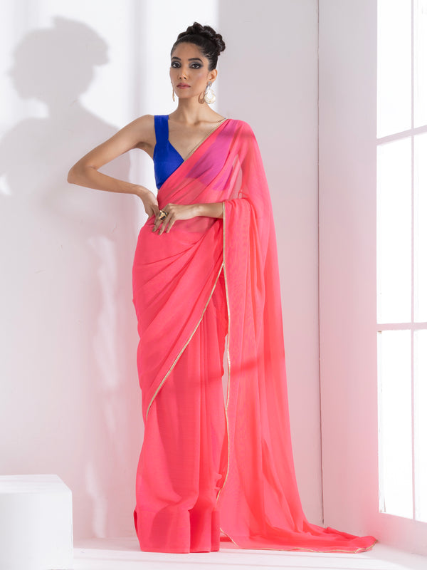 Deep Pink Textured Chiffon Saree with Lace and Blue Posh Blouse Fabric