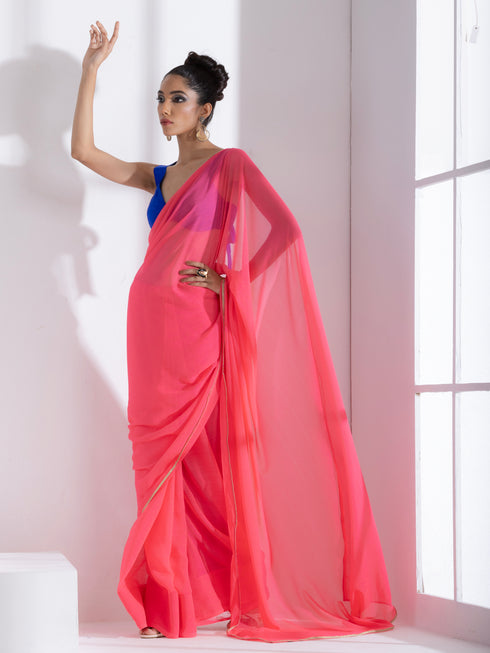 Deep Pink Textured Chiffon Saree with Lace and Blue Posh Blouse Fabric