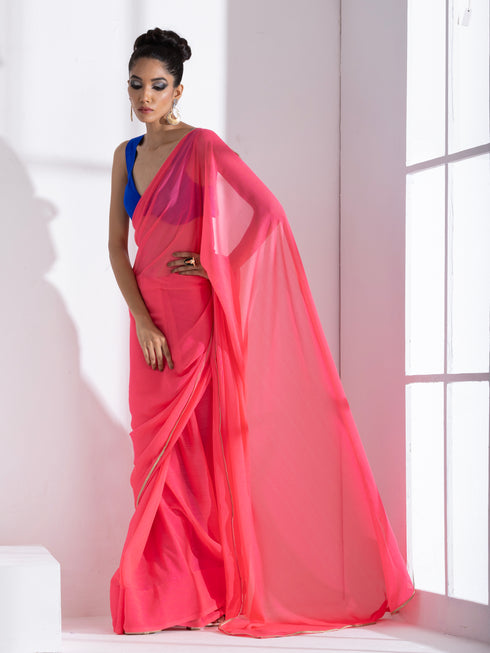 Deep Pink Textured Chiffon Saree with Lace and Blue Posh Blouse Fabric