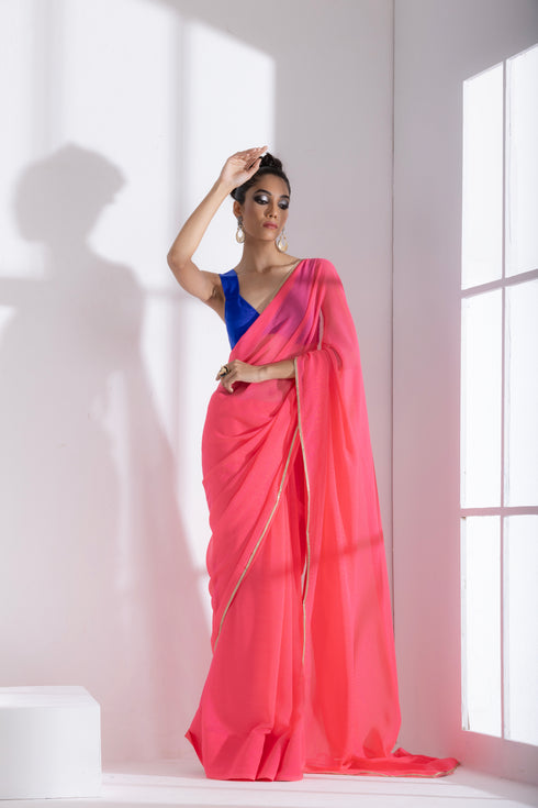 Deep Pink Textured Chiffon Saree with Lace and Blue Posh Blouse Fabric