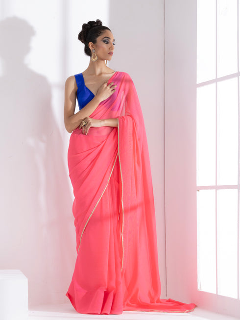 Deep Pink Textured Chiffon Saree with Lace and Blue Posh Blouse Fabric