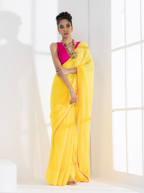 Corn Yellow Textured Chiffon Saree with Pink Piping and Blouse Fabric
