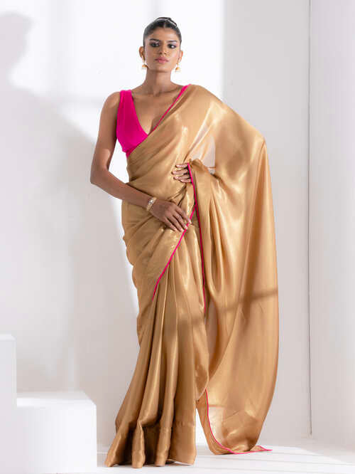 Hazel beige gold chiffon saree with pink edge lace and posh blouse fabric — view 5