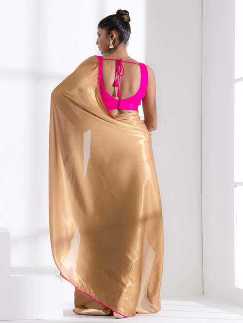 Hazel beige gold chiffon saree with pink edge lace and posh blouse fabric — view 6