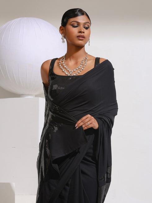 Black Red Carpet Look Saree with Black Sequins Patch work