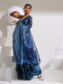 Prism Blue Print Organza  chiffon Saree with Bead Latkan and Self Blouse Fabric