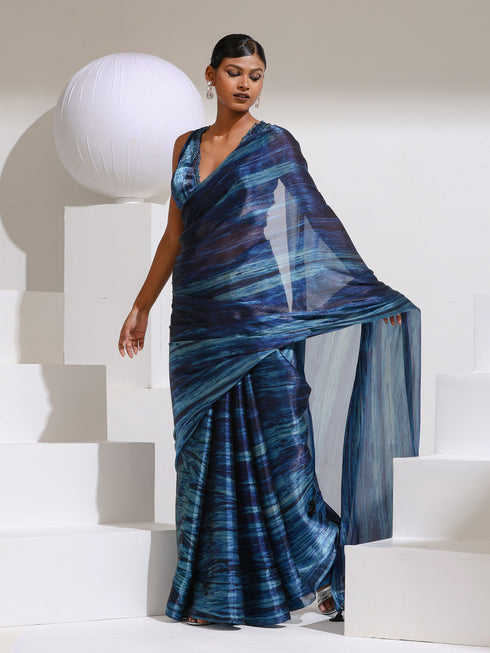 Prism Blue Print Organza  chiffon Saree with Bead Latkan and Self Blouse Fabric