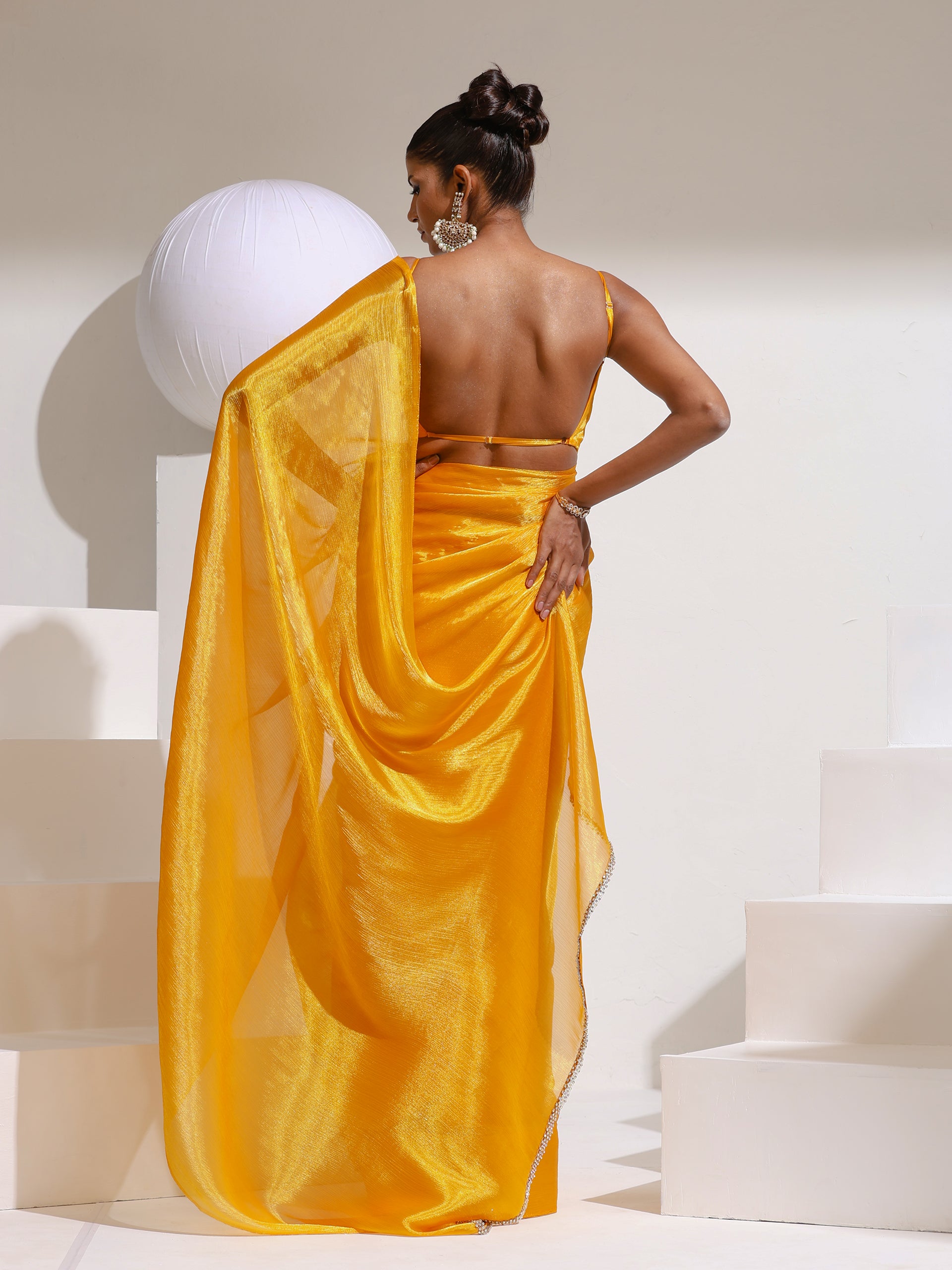Sizzlin Saffron Organza Chiffon saree  with Rainbow Stone Lace and Self Blouse Fabric