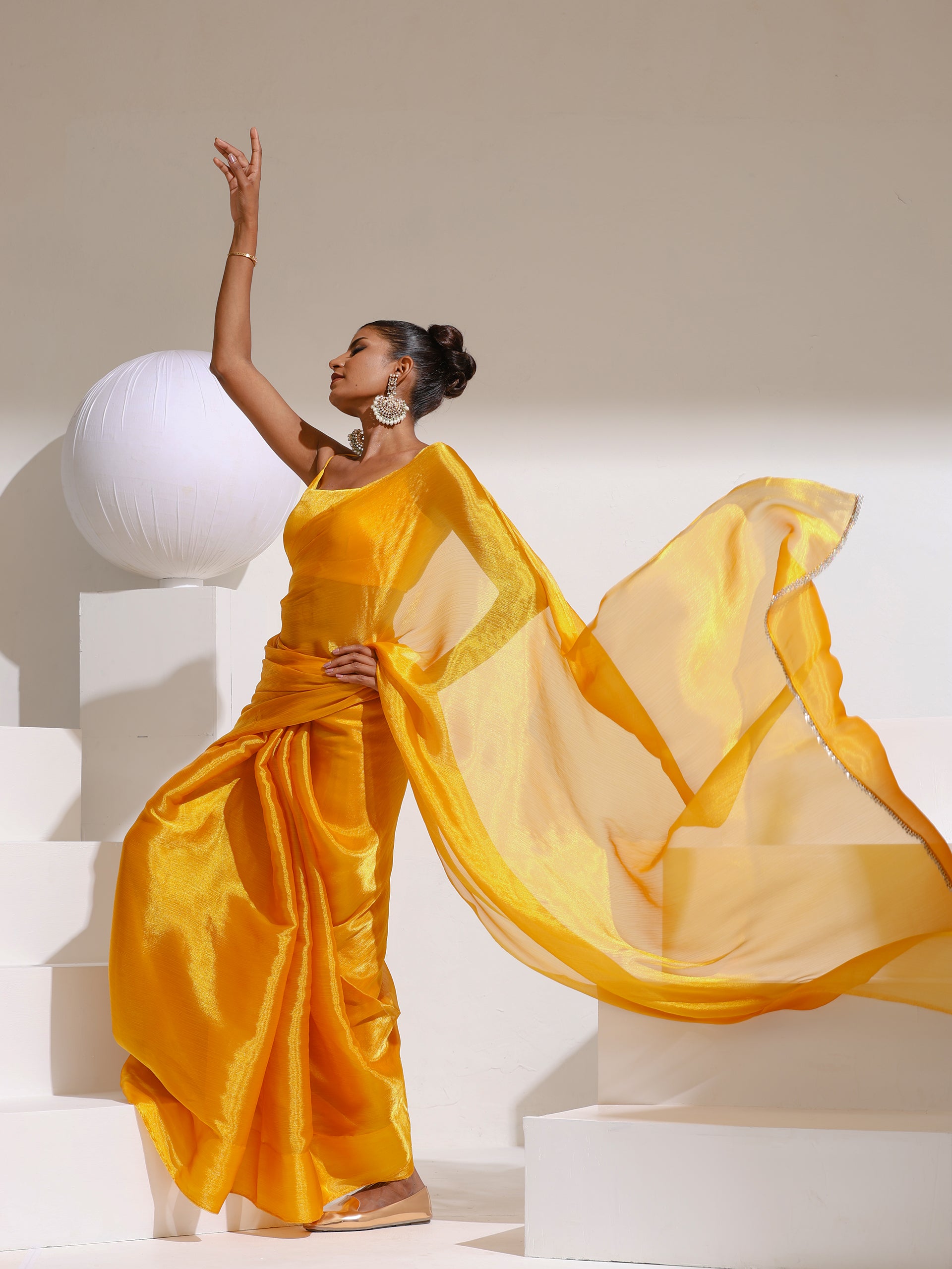 Sizzlin Saffron Organza Chiffon saree  with Rainbow Stone Lace and Self Blouse Fabric