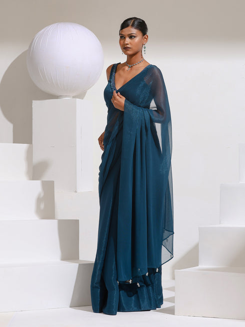 Petrol Blue Shimmer Chiffon Saree with Beads and Self Blouse Fabric