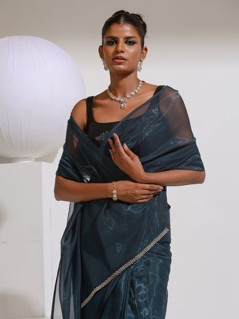 Suzi Blue Soft Organza Saree Shimmer Self Lines with Diamon Rainbow Lace and  Blouse Fabric