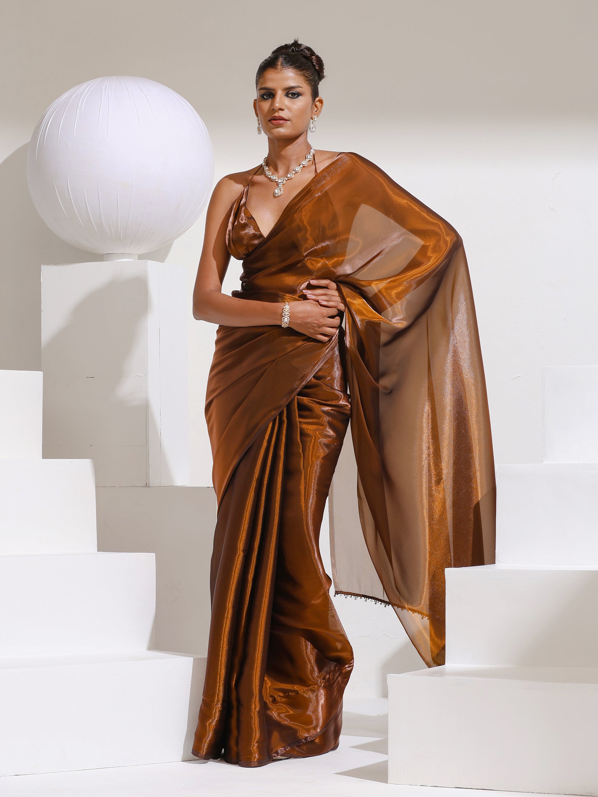 Molten Chocolate Organza Satin Saree with Swarovski style Lace and Blouse Fabric