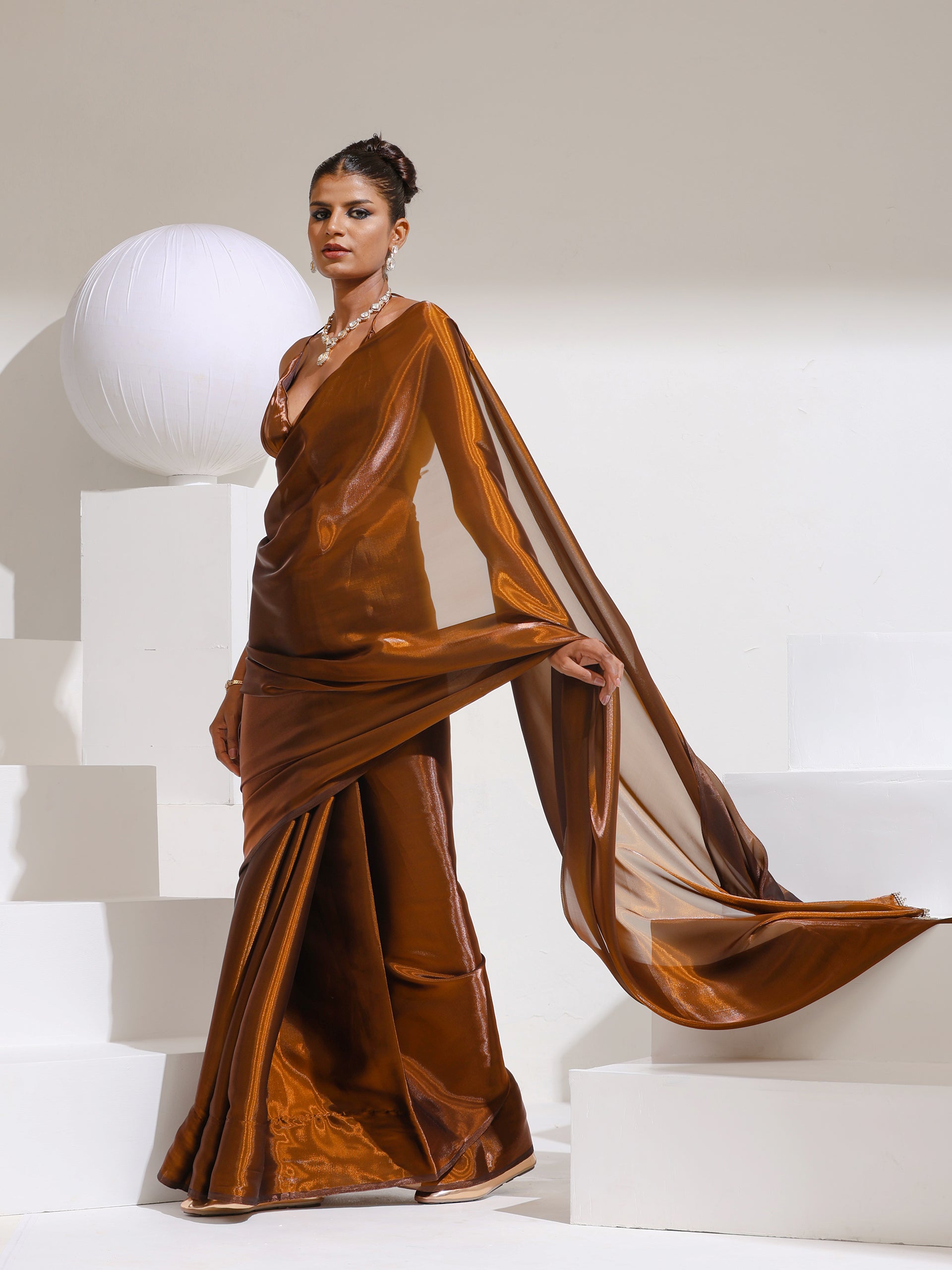 Molten Chocolate Organza Satin Saree with Swarovski style Lace and Blouse Fabric