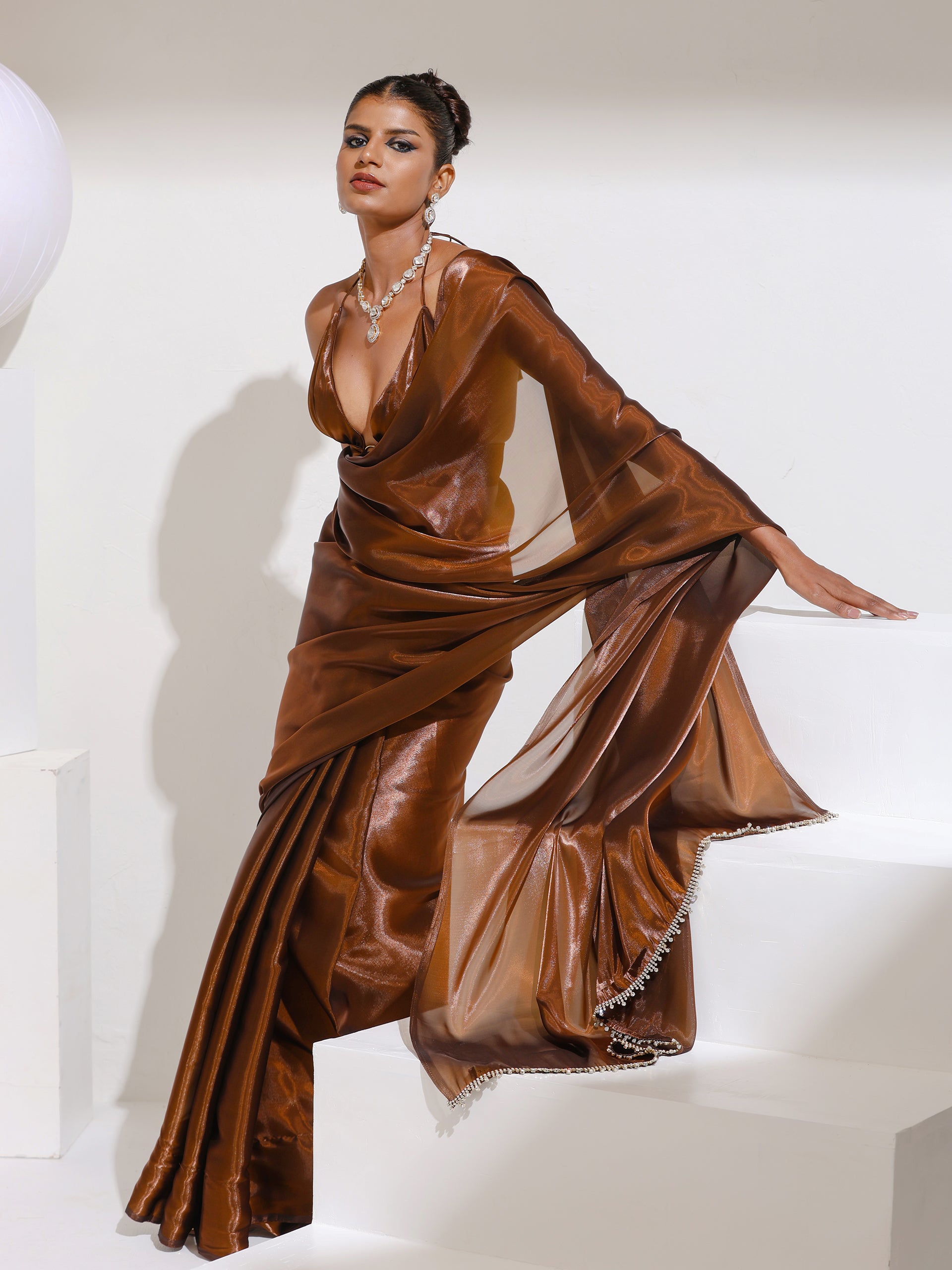 Molten Chocolate Organza Satin Saree with Swarovski style Lace and Blouse Fabric