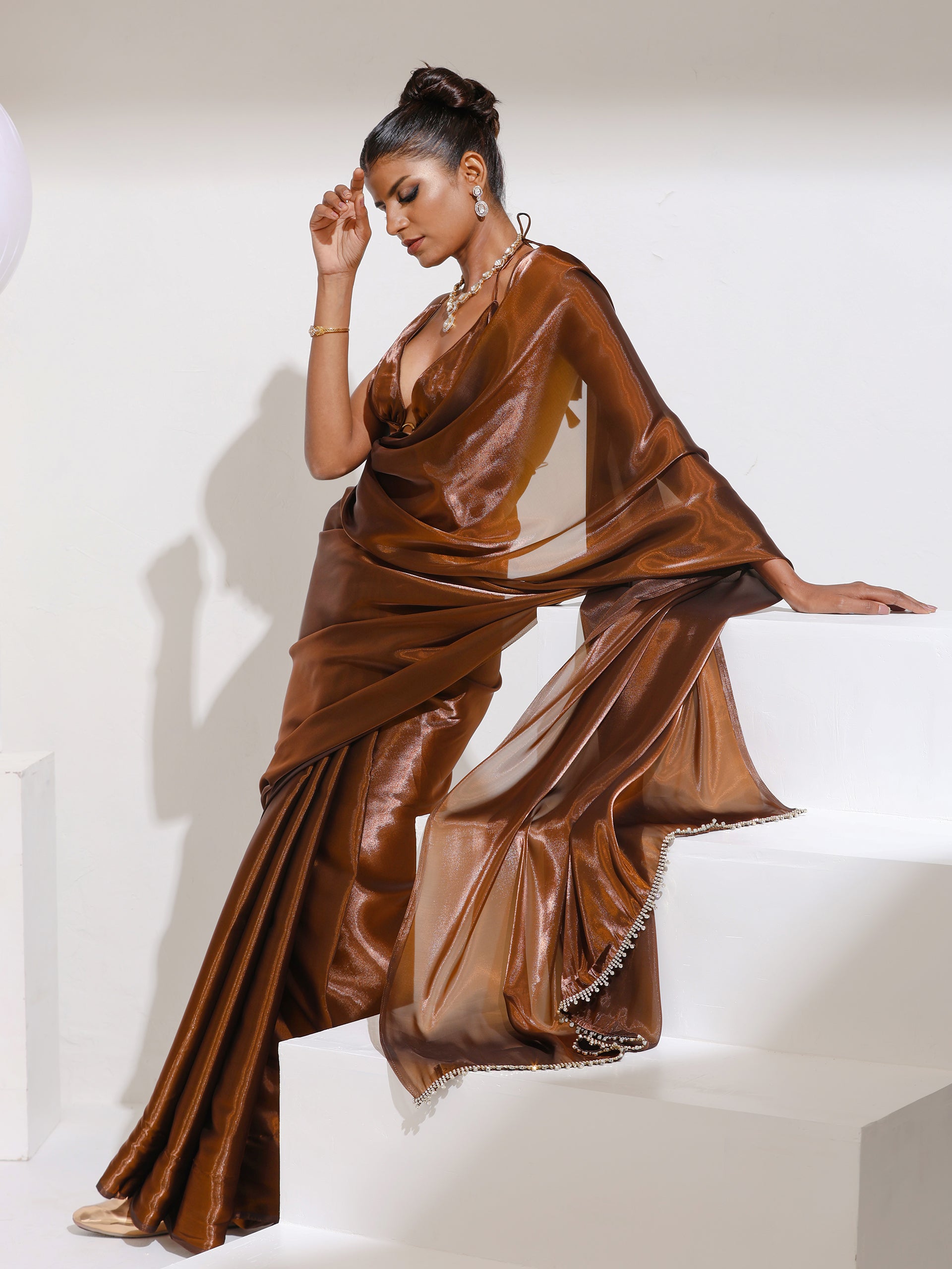 Molten Chocolate Organza Satin Saree with Swarovski style Lace and Blouse Fabric