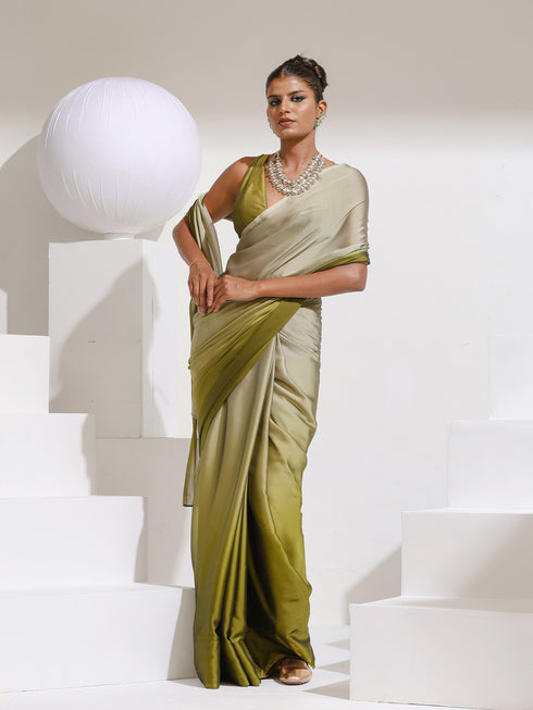 Forest Ombre Chiffon Saree With Rainbow beads and self Blouse