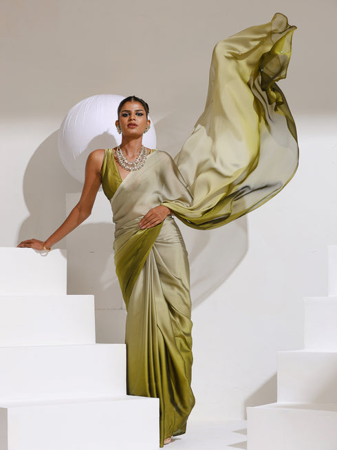 Forest Ombre Chiffon Saree With Rainbow beads and self Blouse