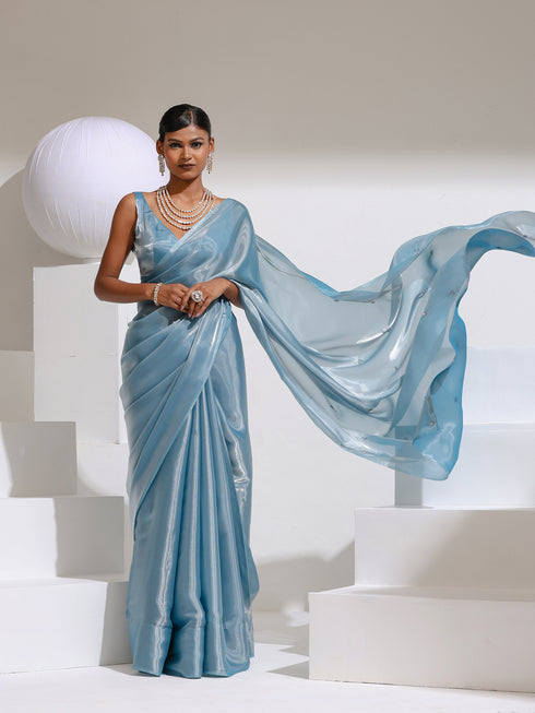 Shining Stars Sky Organza Satin Saree with Rainbow Beads and Self blouse