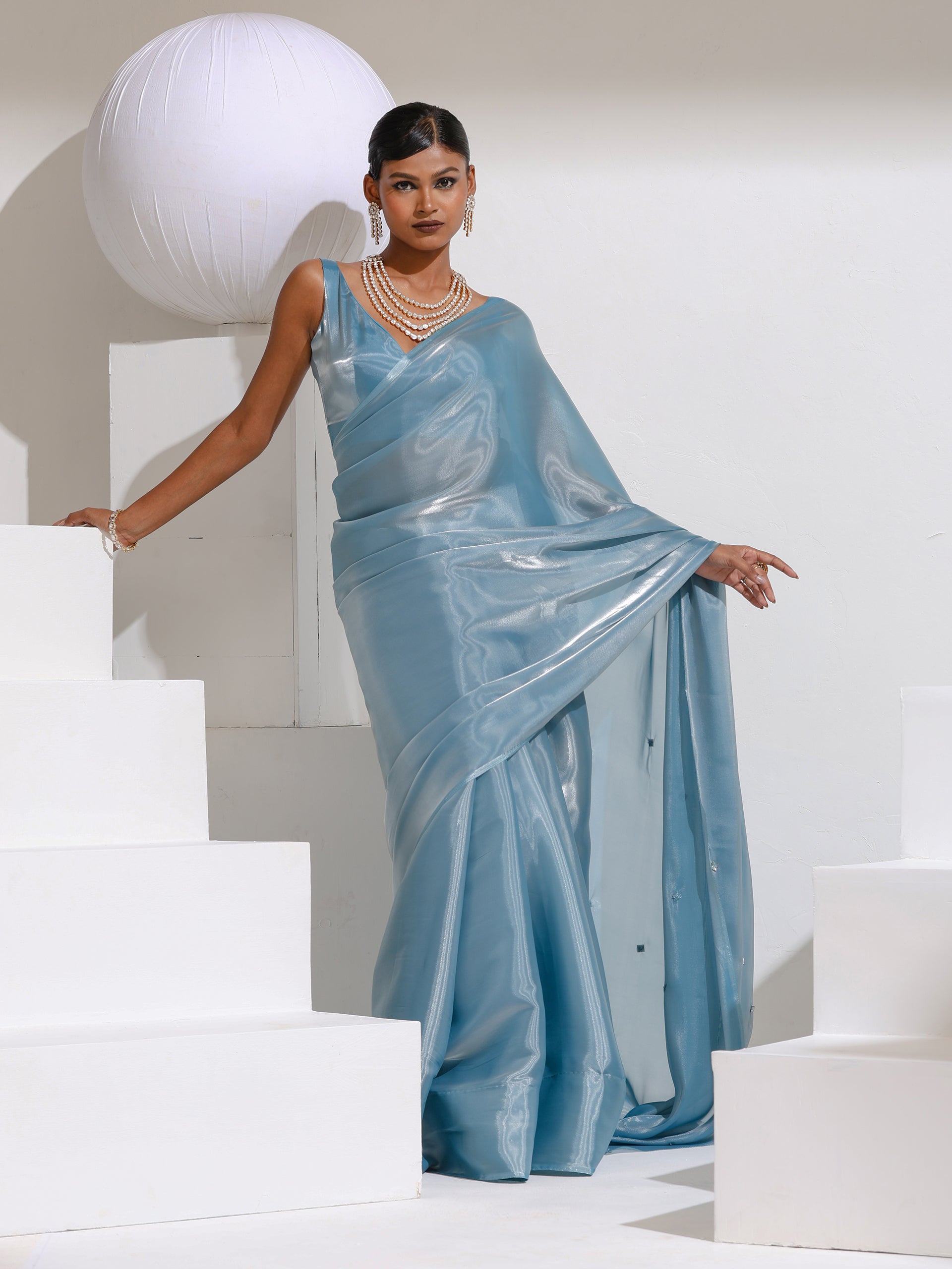 Shining Stars Sky Organza Satin Saree with Rainbow Beads and Self blouse
