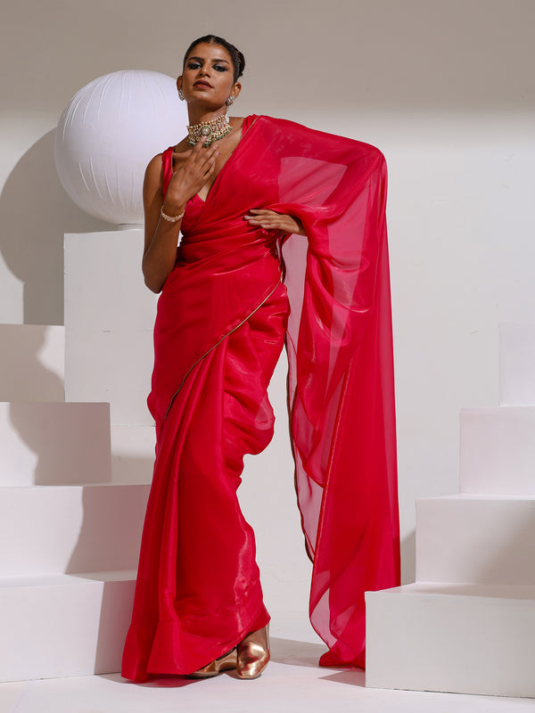 Hard to Get Fuchsia Organza Satin Saree with Bronze Piping and Blouse Fabric