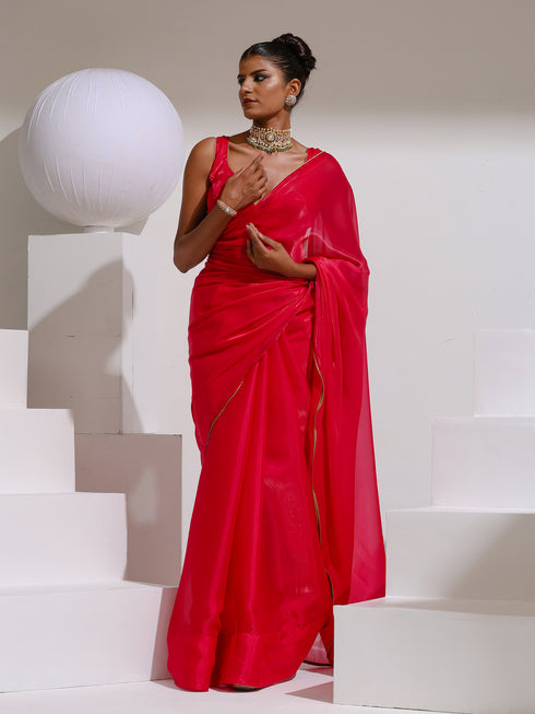 Hard to Get Fuchsia Organza Satin Saree with Bronze Piping and Blouse Fabric