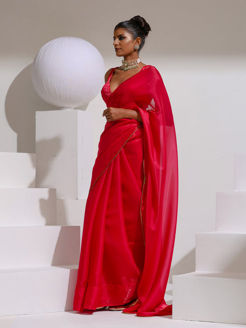 Hard to Get Fuchsia Organza Satin Saree with Bronze Piping and Blouse Fabric