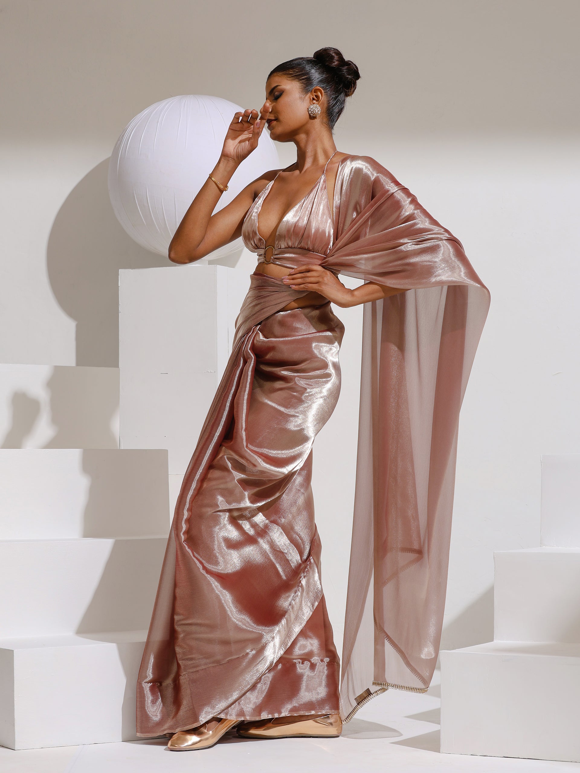 Peach Silver Pearl Silky Organza Saree with Diamond Lace and Self Blouse Fabric