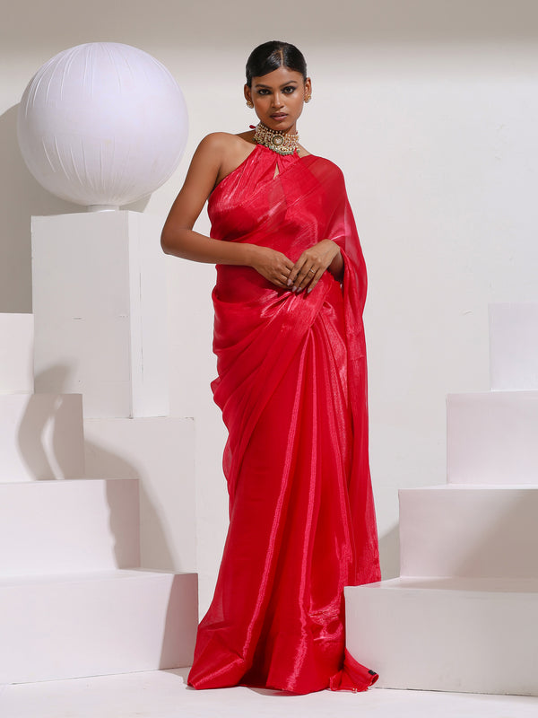 Barbie Pink Chiffon Saree with Beads and Self Blouse Fabric