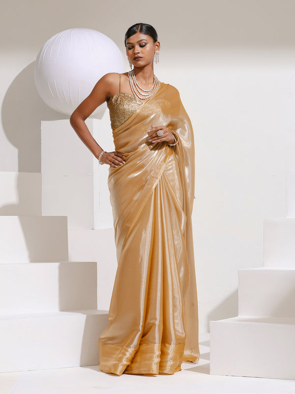 Champagne Sparkle Organza Satin with bead drops and Self blouse fabric