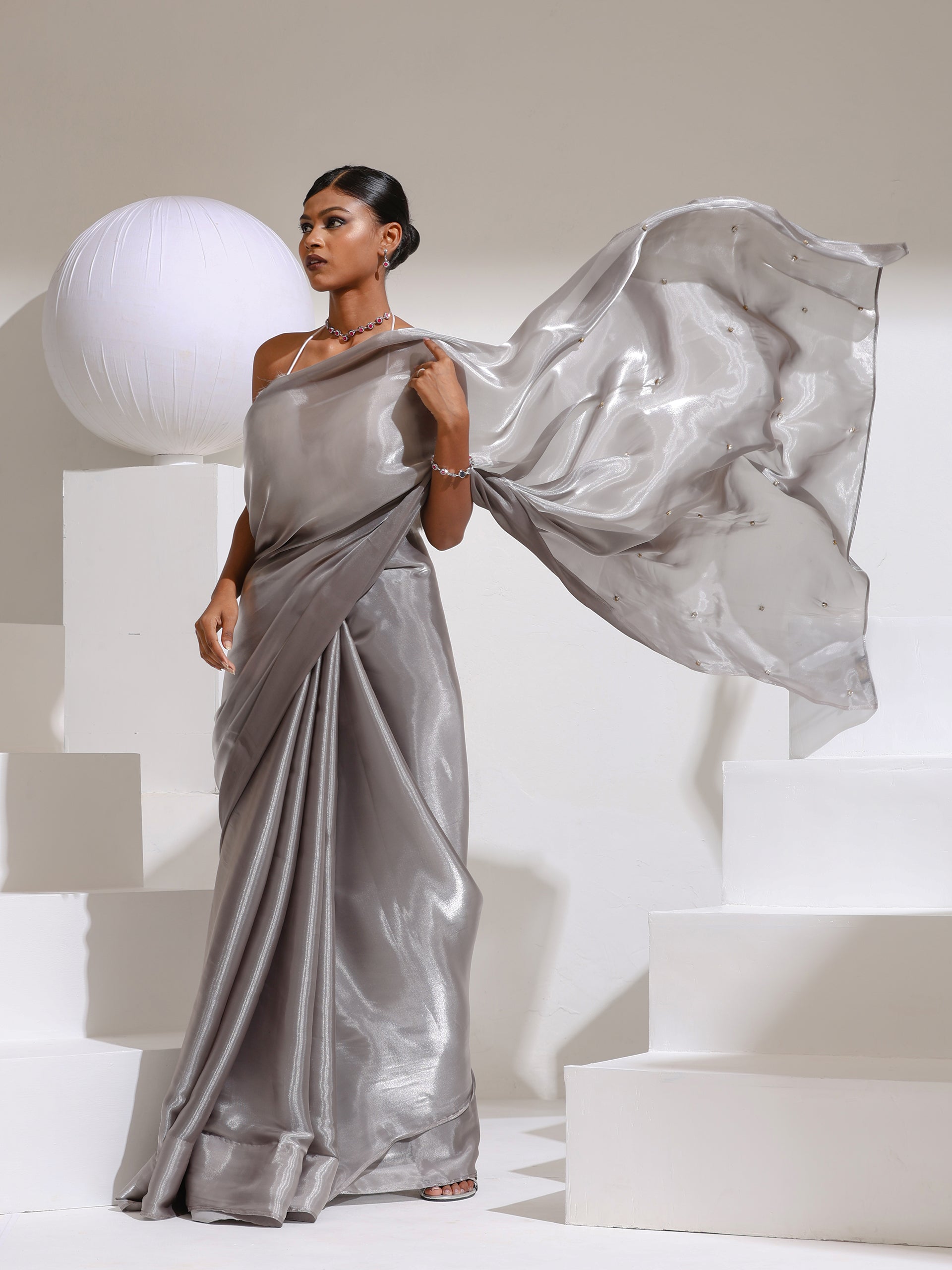 Star Galaxy Grey Organza Satin Saree with Beads on Pallu