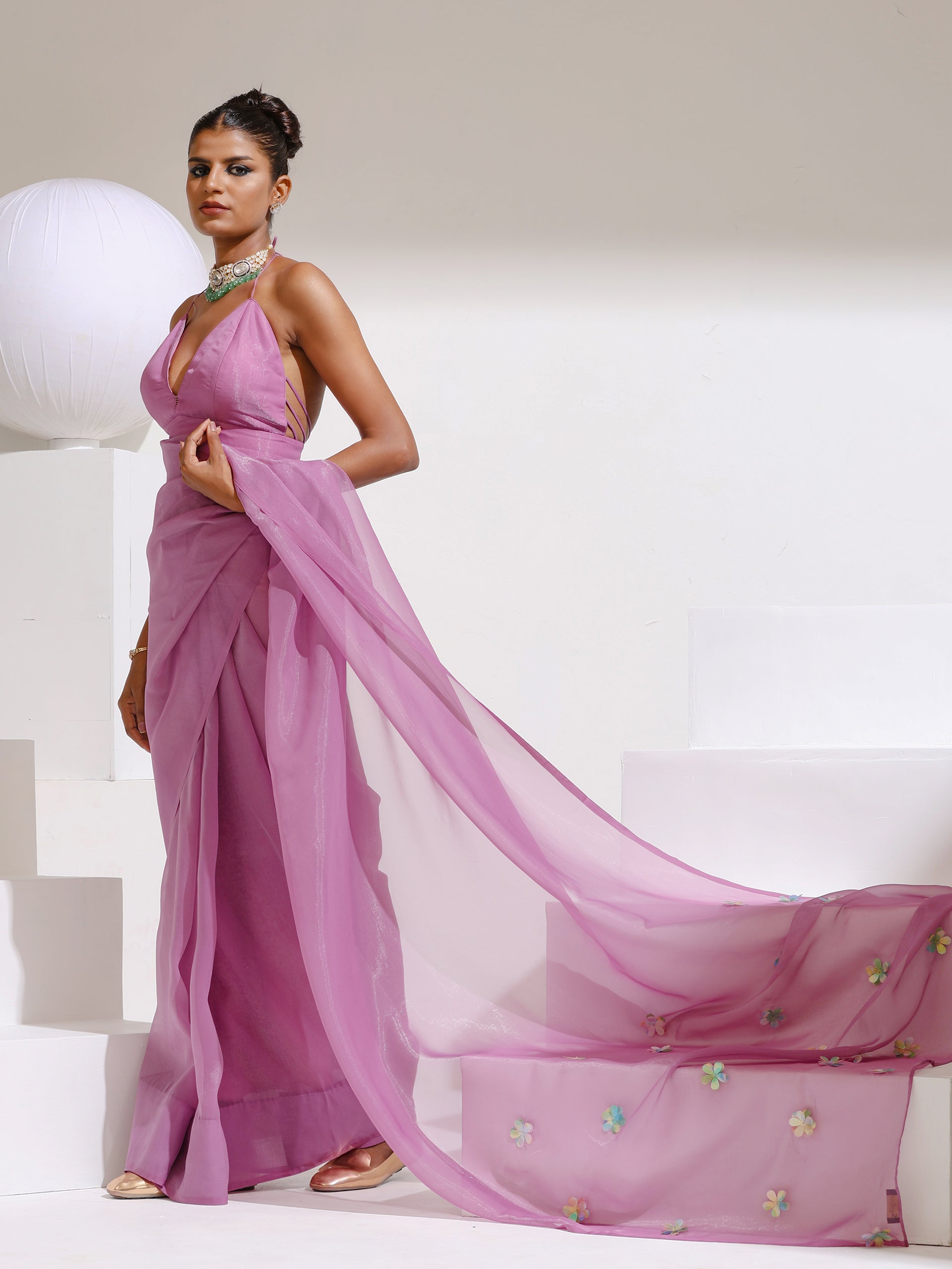 Orchid Lilac Soft Organza Floral Saree with Blouse Fabric